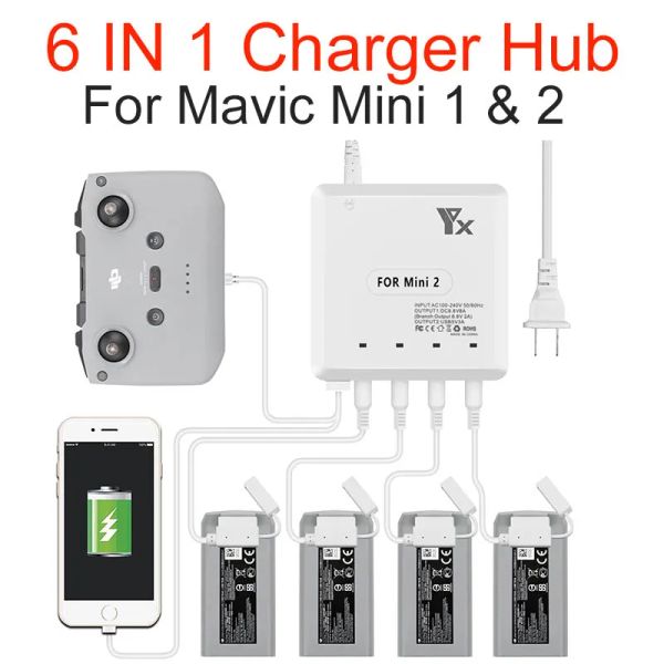 Acessórios 6 em 1 carregador múltiplo inteligente para DJI Mavic Mini 1/2 Drone Battery Charge Hub Fast Smart Charger com porta USB