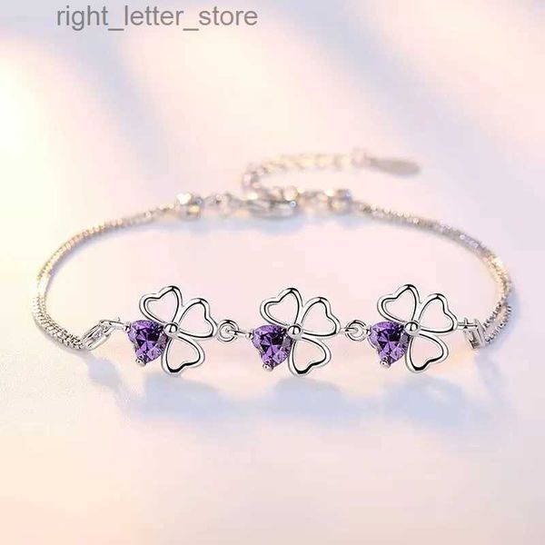 Bangle New Fine 925 Sterling Silber Amethyst Lucky Clover Armband Geeignet für Damen Fashion Partys Hochzeitszubehör Juwely 17cm+4cm Yq240409