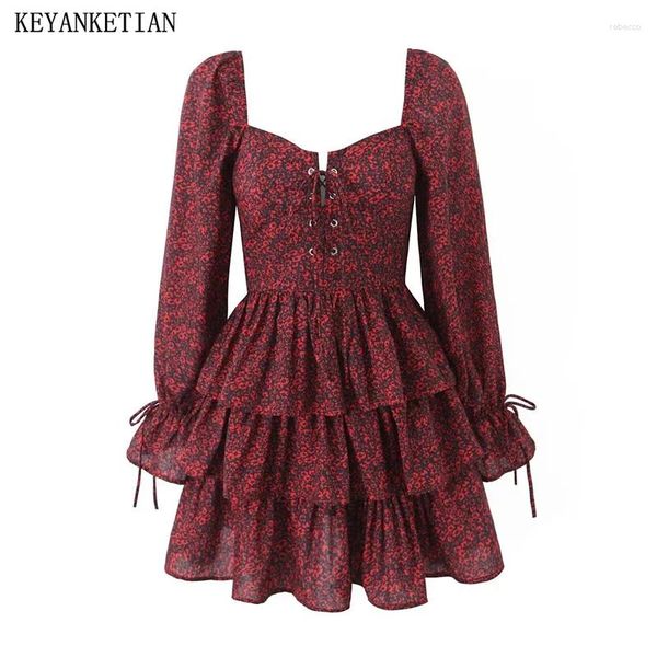 Vestidos casuais keyanketian 2024 lançar vestido floral feminino estilo mori girl lace up decoração holida holiday wind lounce mini mini