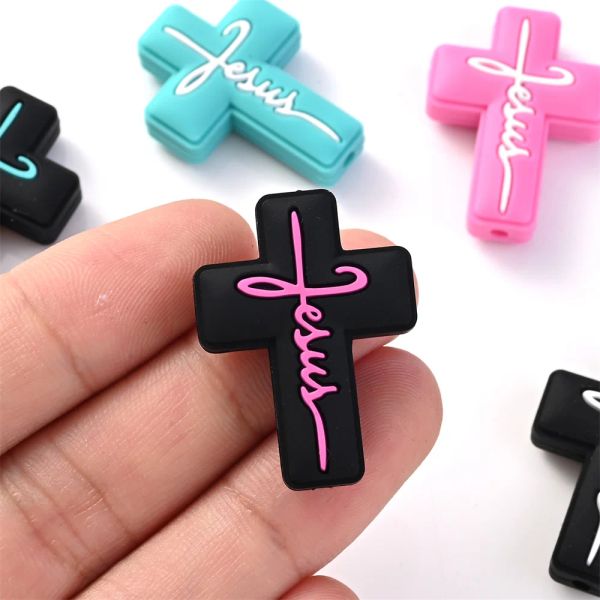 1/5pcs 22x30 mm Cross Silikon Fokusperlen für Schmuck und DIY -Stifte Charaktere Dekore Dekore Schlüsselbund Armband Halskette Vorräte