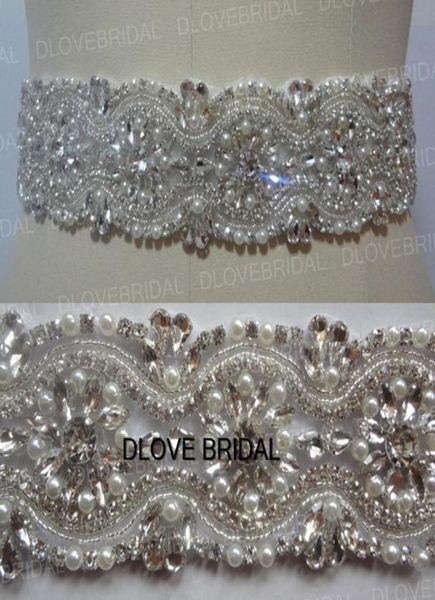 Real Po Luxury Crystal Bridal Sashes Belts Tamanho Shinny Pearl Rhinestone Belts com Ribbon Wedding Prom Dress Acessory9222273