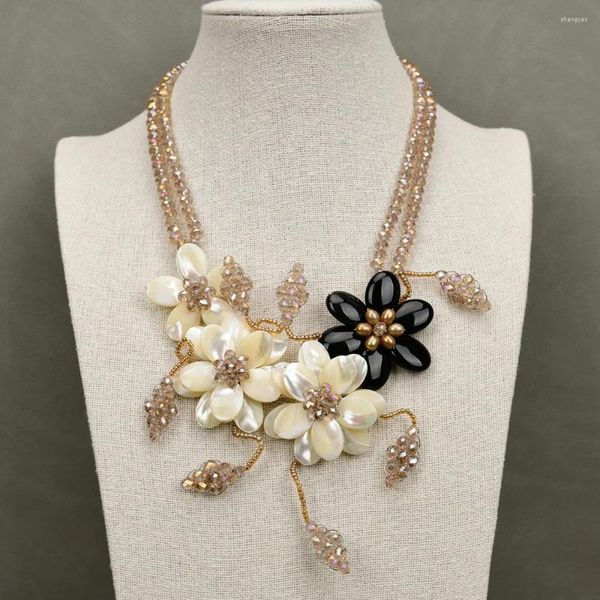 Anhänger Halsketten G-G handgefertigte Halskette 2 Reihen natürliche Mix Edelsteine Kristall Perlen weiße Hülle Schwarze Onyx für Dame