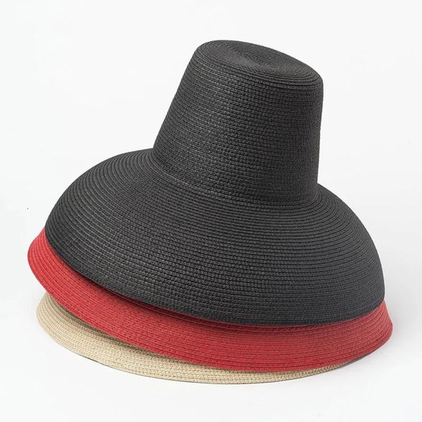 Lâmpada de lâmpada feminina chapéu de sol vermelho preto bege largo lareira de sol verão praia alta tampa de palha dobrável Cap hat240409