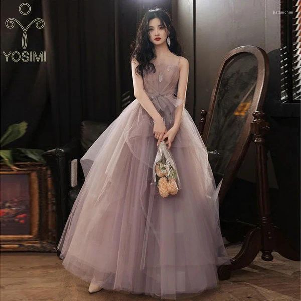 Sıradan Elbiseler Yosimi Kadınlar Akşam Partisi Uzun Elbise 2024 Yaz Vintage Gri Mesh Kat uzunluğu kolsuz Straplez Balo Gown Elegant