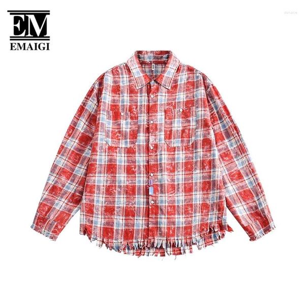 Herren lässige Hemden Herren Streetwear Mode losen gebrochene Kante rote Plaid Langarm Frauen Hemd Jungen Mädchen Y2K Kleidung Unisex Blusen