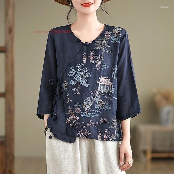 Ethnische Kleidung 2024 Traditioneller chinesischer Retro Hanfu Tops Vintage Cotton Leinenbluse National Blumensticke O-Neck Folk