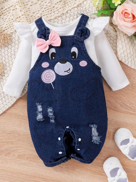 Set di abbigliamento per bambini per bambini set di tute da maniche lunghe e ricamo da orso strappato da 2 pezzi.