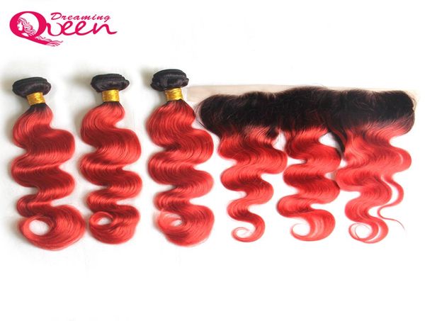 T1B Wave Red Body Wave Ombre Brasile Vergine Human Hair Weaves 3 bundle con chiusura frontale in pizzo da orecchio a orecchio 13x4