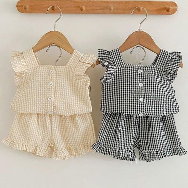 Set di abbigliamento 2024 Summer Baby Grid sottile set sottile per maniche rotabulne e pantaloncini 2pcs nati ragazze in cotone bloomer