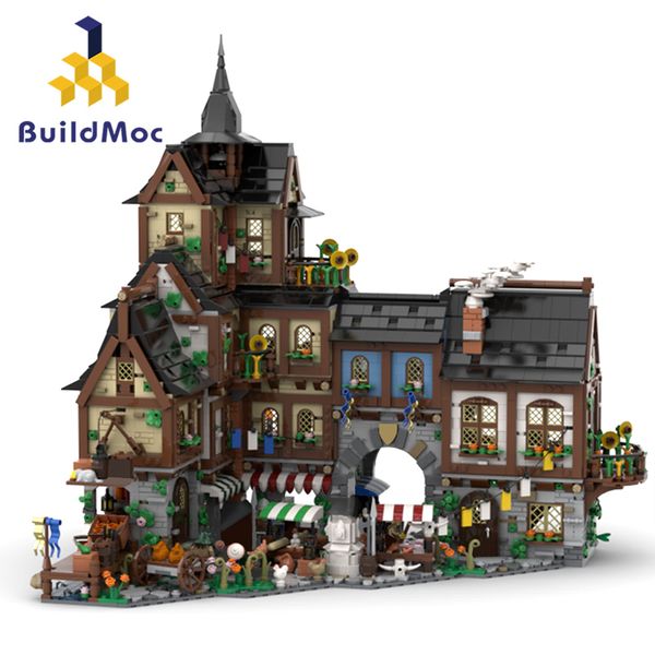 Buildmoc Retro Medieval Town Center Cestle Building Blocks Set European Market Game House Bricks Toys for Kids Gutd