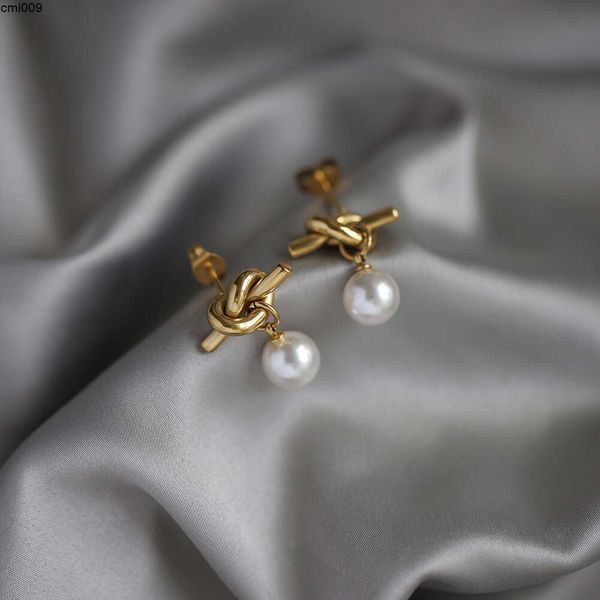 Edelstahl französische INS-WIND-Seilknoten-Knotenglasgrau-Perle Ohrringe Vakuumgold plattiert