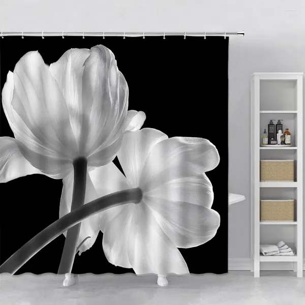 Duş Perdeleri Çiçek Banyo Modern Dekoratif Kumaş Perde Siyah ve Beyaz Çiçek Baskı Banyo Set Kancaları