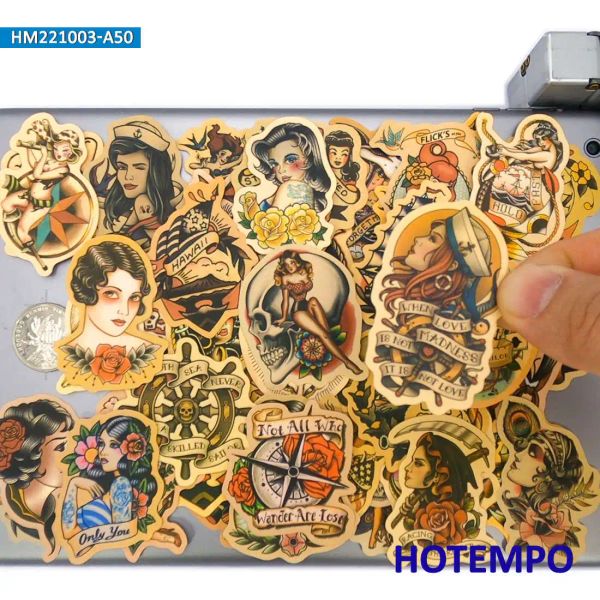 50pieces amareling decalques retrô tatuagem de tatuagem de escola antiga marinheiro adesivos engraçados para carro de moto de bicicleta motociclismo laptop adesivo de laptop