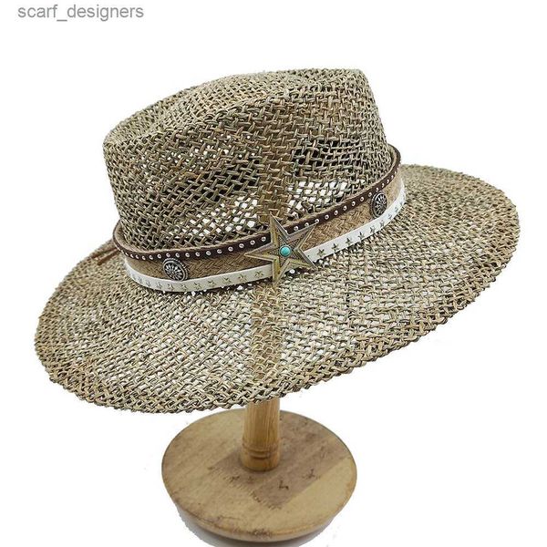 Cappelli a bordo largo cappelli a secchio 2023 Nuova Estate Natural Brine Gatto What Hand Tasco Cappello piatto Cappello da donna Fiore ricamato Cappello Paglie di paglia Cappello francese Beach Beach Hat Y240409