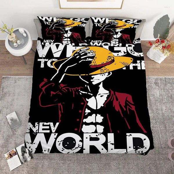 Bedding Define o desenho animado japonês de anime um conjunto de peças de travesseiro Luffy capa de edredão de edredom de casal de quarto grande de quarto grande