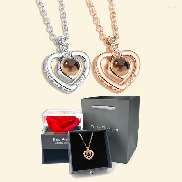 Anhänger Halskette Schmuck Set 100 Sprachen Ich liebe dich Projektion Halskette mit Rose Geschenkbox für Frauen Liebhaber Freundin Weihnachtsgeschenke