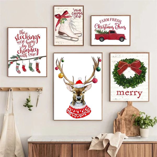 Feliz Natal Winter Elk Stocking Car Paisagem Festival Art Posters Canvas Pintura Impressões de parede Imagem Crianças Decoração de casa