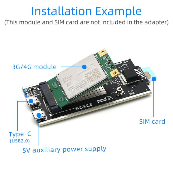 Mini PCI-E/NGFF para USB 2.0 (Tipo C) Adaptador com slot para cartão SIM e interface de energia auxiliar para módulo WWAN/LTE