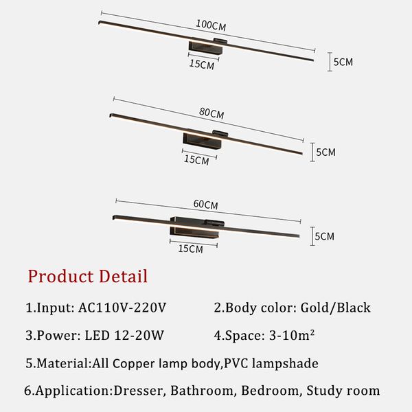 Полная медная настенная лампа AC110V 220V Современные светодиодные зеркало Передние светильники черные/золотые длинные шкалы
