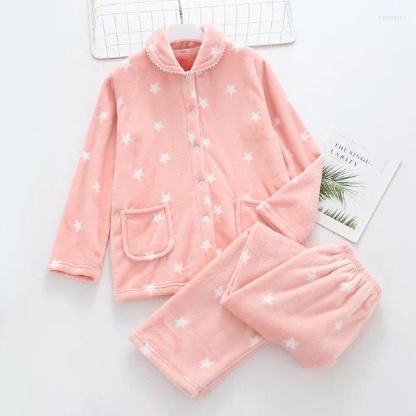 Home Clothing Stars Winter -Pyjamas Sets Flanell verdicken warme Nachtwäsche weicher Niedliche Pyjama Frauen Wärme Langarm Korallen Fleece Pijama Pink