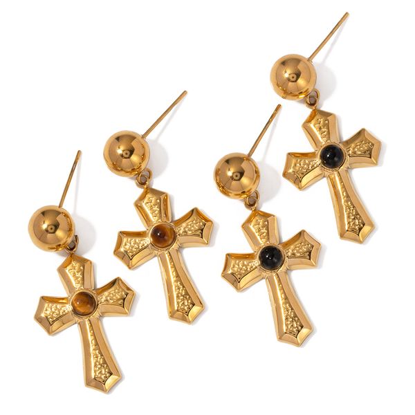 Fascitrice minimalista Tiger Eye Stone Orecchini e orecchini a croce di agata nera per donne in acciaio in titanio lucido 18k Gioielli d'oro veri