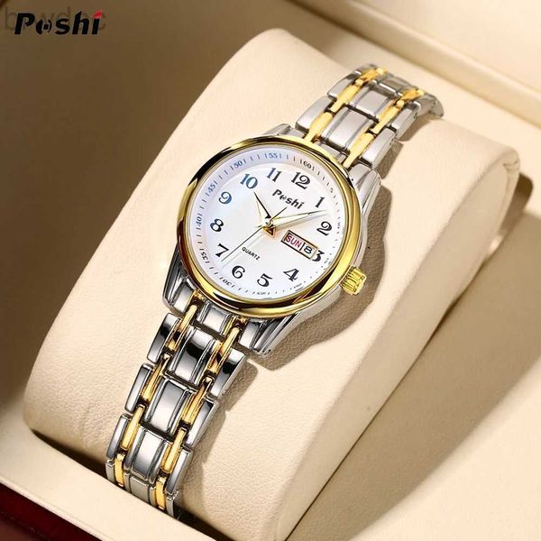 Relógios femininos Poshi Original Waterproof Quartz Watch for Women Fashion Ladies Bracelet Luxury Aço inoxidável Strap Data Week Womens Womens Womens 240409