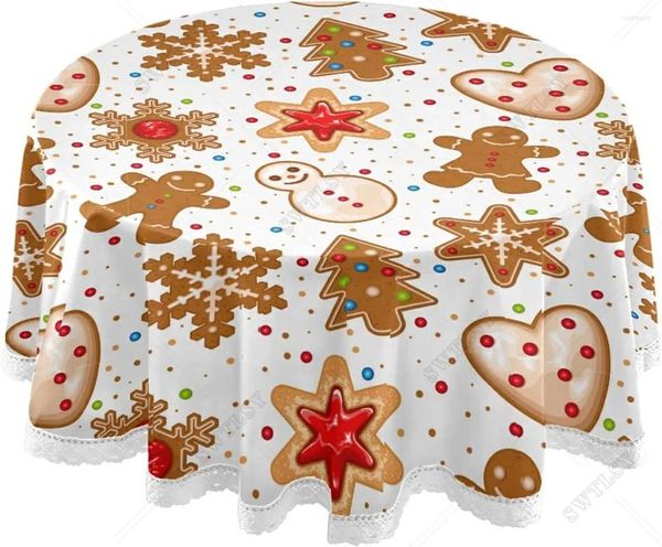 Tischtuch Weihnachten Lebkuchen runde Tischdecke Kekse Muster Abdeckung Matte Waschbar Polyester Essdekorative für Urlaub