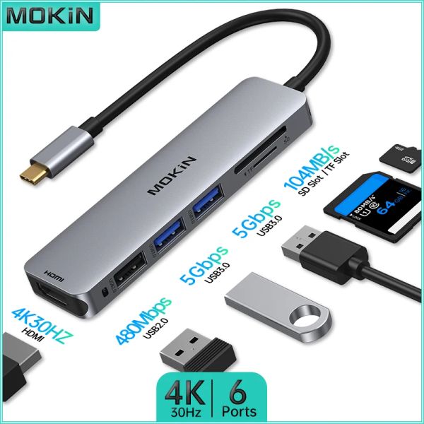 Mokin 6 in 1 Dockingstation: USB2.0, USB3.0, HDMI 4K30Hz, SD, TF - kompatibel mit MacBook Air/Pro, iPad, Thunderbolt -Laptop