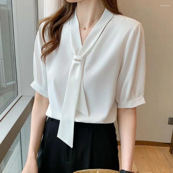 Frauenblusen Korean Ribbon Frauen Hemden Kurzarm Top Chic Office Lady Chiffon Bluse Tops Modesfrau Krawatte Shirt