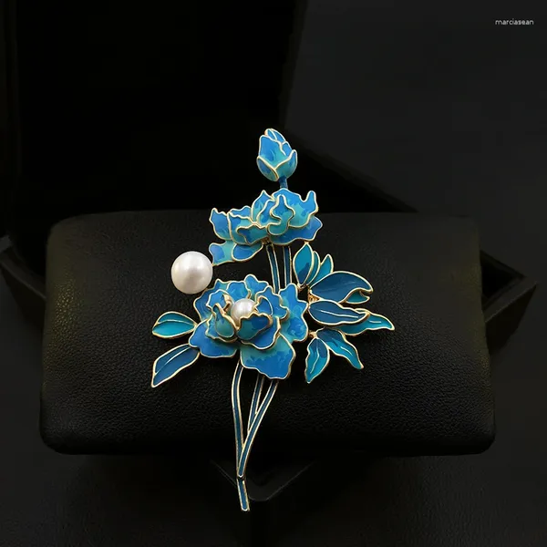 Broschen 1878 klassischer nationaler Stil Mattblau Pfingstrosen Blume Brosche Frauen Chinese Cheongsam Vintage Corsage Anzug Emaille Pin Schmuck Schmuck