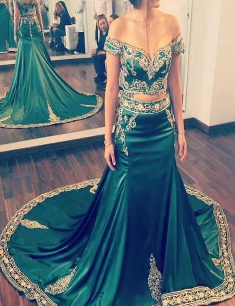 Duas peças Hunter Green Prom Vestres com apliques dourados Bordados indianos de Kaftan Kaftan Formal Evening GOWNS2777692