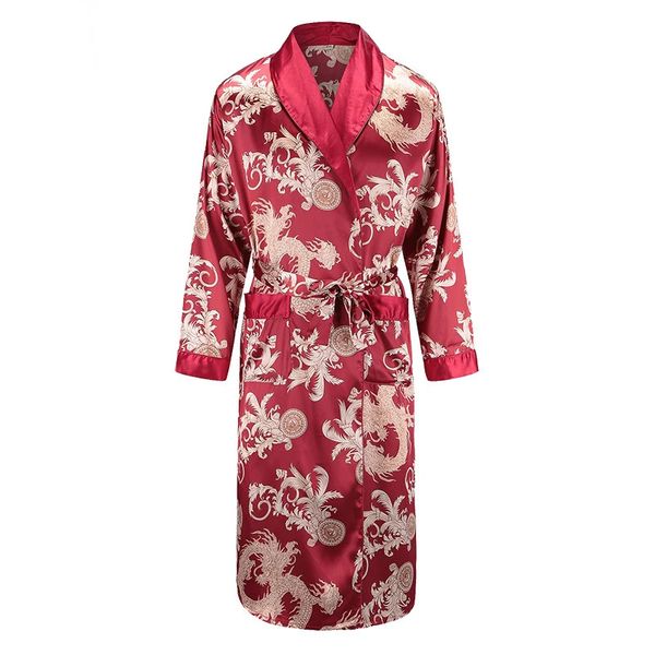 Langschläre Robe Satin Nachtwäsche Druck Drache Phoenix Kimono Bademantel Kleid Herren lässige Heimkleidung loser Pyjama L-XXL 240402