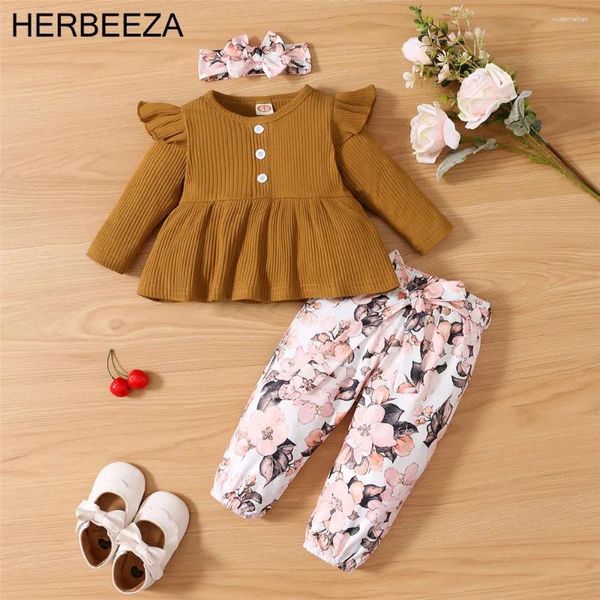 Set di abbigliamento Herbeeza Spring Baby Girl Abiti di Pit Strip marrone Pitchine a maniche lunghe Cucciolo Floro Tiet Borns Borns Bobysuit