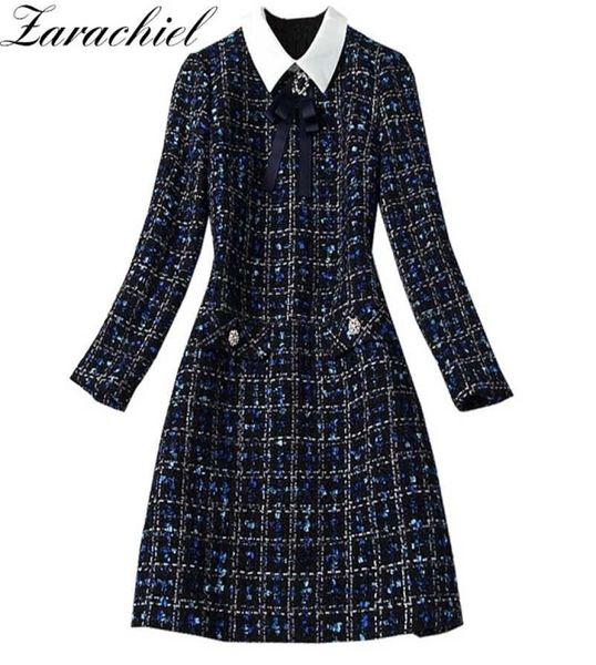 Modedesigner Marine Blue Plaid Fliege Tweed Kleid Herbst Winter Frauen Langarm Diamonds Button Vintage Wolle kurzes Kleid 226832299