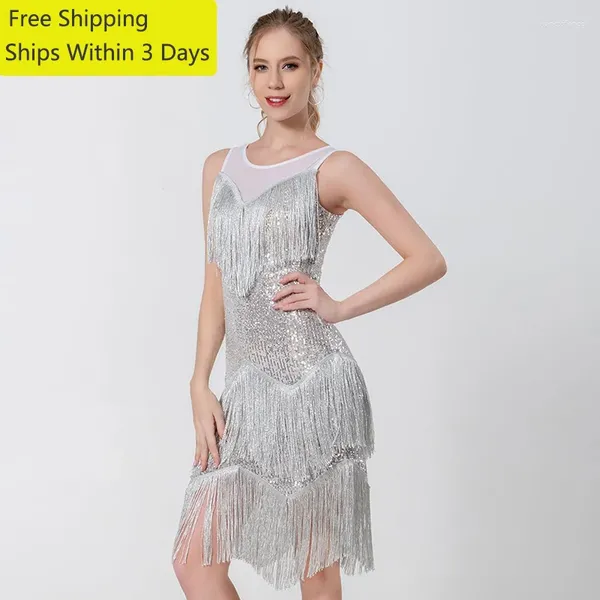 Bühnenverträte Latin Dance Kleid Cha -Wettbewerb Performance ärmellose Abschleife Pailletten Pailletten Quastenstil