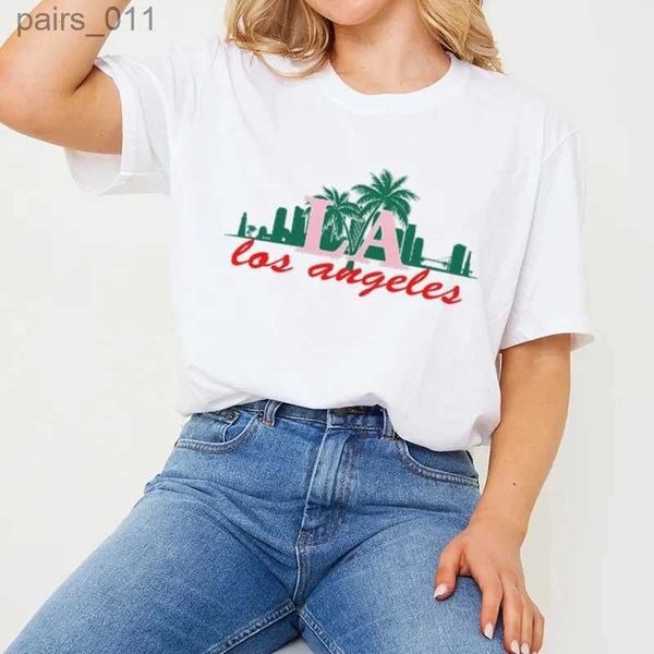 Camisas casuais masculinas Los Angeles Palm Womens Extra Gráfico Extra Graphic Skyline Art Holiday Holiday Summer Fashion Cute Street Clothing Top YQ240409