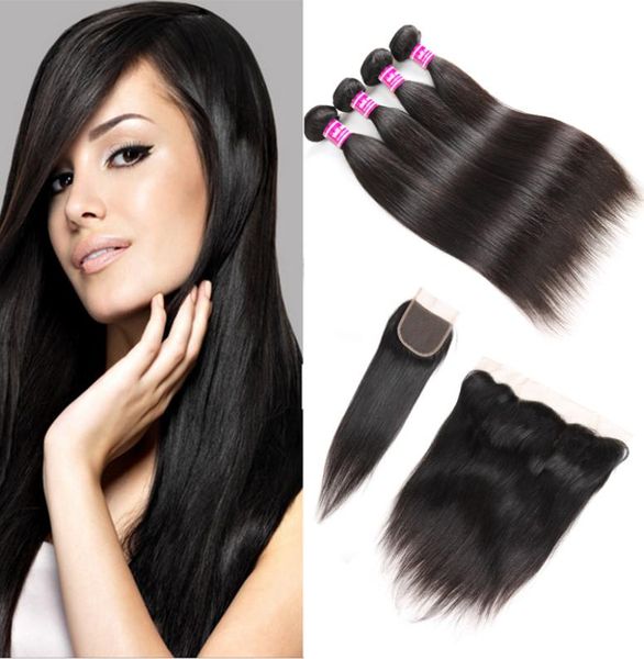Empfehlen Sie malaysische Haartätigkeit Malaysian Virgin Hair Anbieter Straight Human Hair Webbündel mit Spitzenverschluss Frontales brasilianisches Haar Extensisi4441685