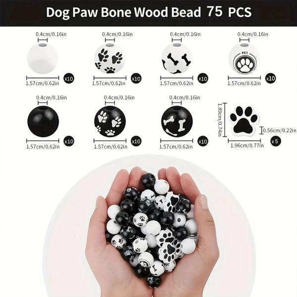 75pcs Dog Paw Modello osseo per perle in legno in legno in legno bianco e nero perline per perle da distanziatore di footprint per gioielli fai -da -te