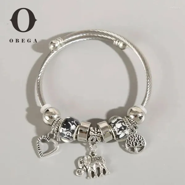 Armreifen Obega Herz Elefant Anhänger Charm Armband für Frauen glänzende silberne Farblegierung Perlen Manschette Einfacher Stil Ins Party Schmuck Schmuck