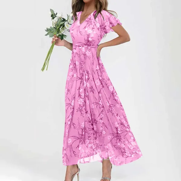 Lässige Kleider Frauen schwingen langer Chiffon Blumendruck kurzärmelig Kleid Ruffle gegen Hals Mode Schlanke Taille fließend Sommer