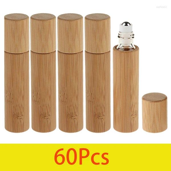 Garrafas de armazenamento 60pcs 10ml Bottle essencial garrafa de bambu vidro de vidro interno com rolos de aço inoxidável Perfumes de deslocamento de bola de aço