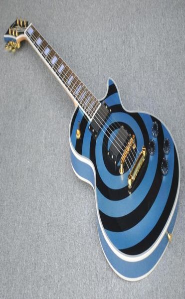 Пользовательский магазин Zakk Wylde Bullseye Pelham Blue Black Electric Guitar White Block Pearl Inlay Копия EMG пассивные пикапы Golden Hard1757020