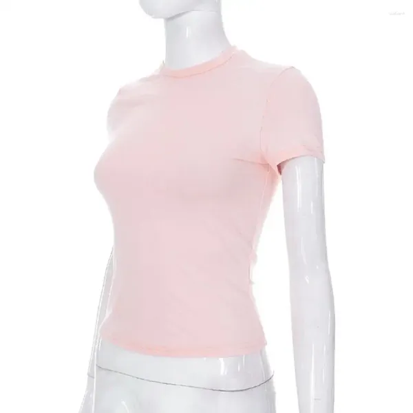 Blouses feminina feminina camiseta elegante coleção de camisetas de verão redonda de coleta curta de manga curta em cores sólidas finas para streetwear