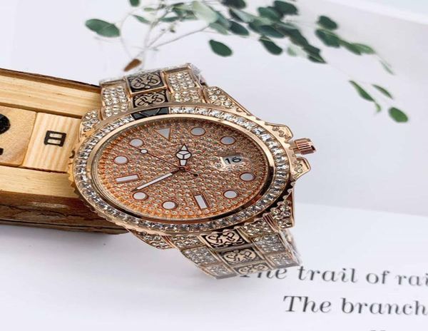 Full Diamond Eceed Men Frauen beobachten Gravurte Gurt Edelstahl Quarz Bewegung Bling Geschenke Party Armbanduhr Uhr Billig 6657060