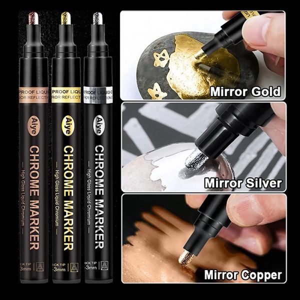 1pc 3 Farbspiegel Elektroplattenmarker Gold Silber Kupfermodell Spielzeug Reparatur Flüssiger Chrom Stift DIY Reflektierende Metallfarbe Stift