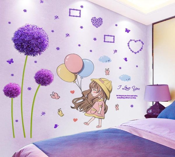 Shijuekongjian Cartoon Girl Starters de parede Diy Deldelion Decalques murais de flor para casa Crianças Baby Bedroom Decoration16896884