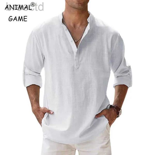 Camicie casual maschile New Mens Cotton Shirts Linen Casual Manica lunga Shirt Down Banda Collar Tops sciolte M-5XL 240409