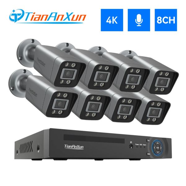 Controla o kit de vigilância de vídeo Tiananxun 8ch 4K 4K Câmeras de segurança CCTV Sistema de segurança 5MP Câmera de áudio fora de áudio IP Poe NVR Conjunto de gravador