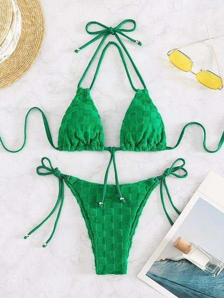 Da bagno da bagno da bagno halter a peperoncino in velluto bikinis a quadri 2024 bikini ad alto taglio femmina femmina costume da bagno a due pezzi set da bagno nuotare