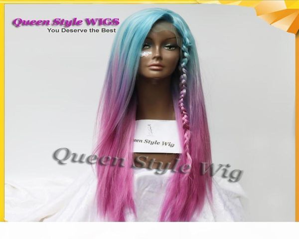 Pastel Blue ombre Purple Rose Red Color Wigs Long reta reta de renda de renda frontal peruca sintética Unicorn Rainbow Color Cosplay5498661